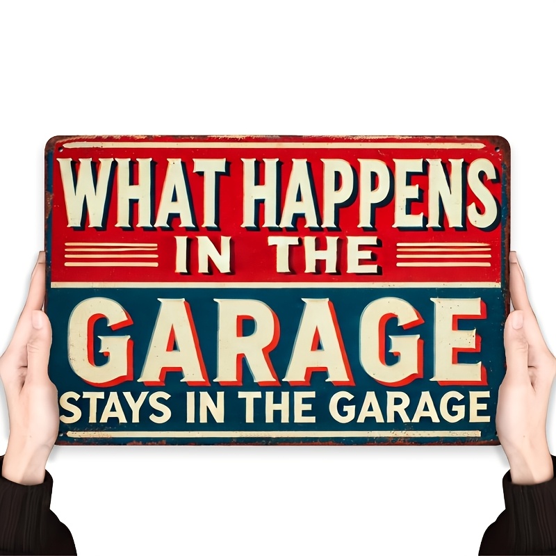 TEMU 2D Platte Retro Stijl Metalen Garage Muurkunst Bord - "Wat er in de Garage gebeurt, blijft in de Garage" - 20.32X30.48 Cm Vintage Blik Bord voor