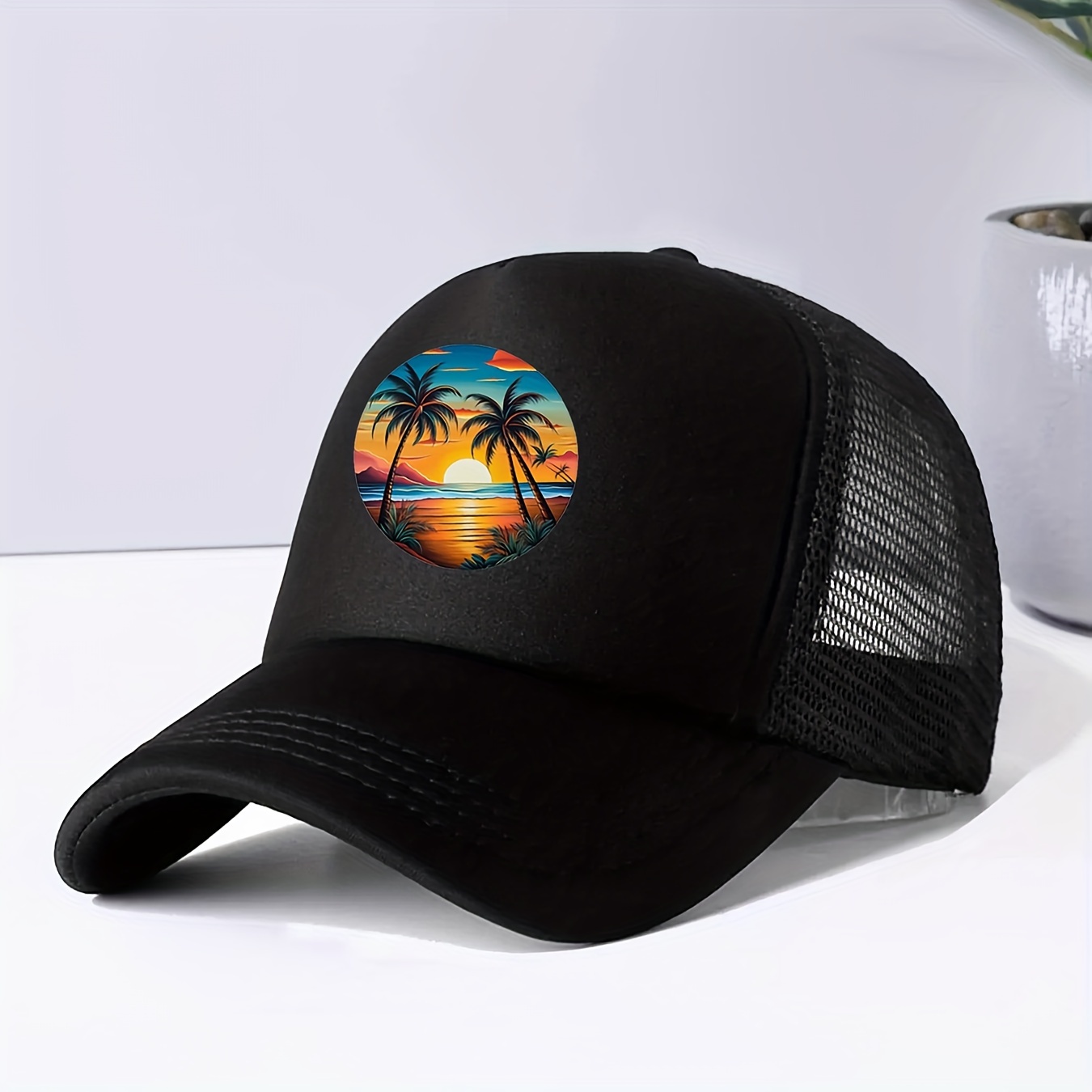 

Tropical Sunset Print Trucker Cap - Breathable Mesh Back, Adjustable Snapback, Unisex, Woven Polyester Fabric, Casual Style Baseball Hat For Outdoor Activities