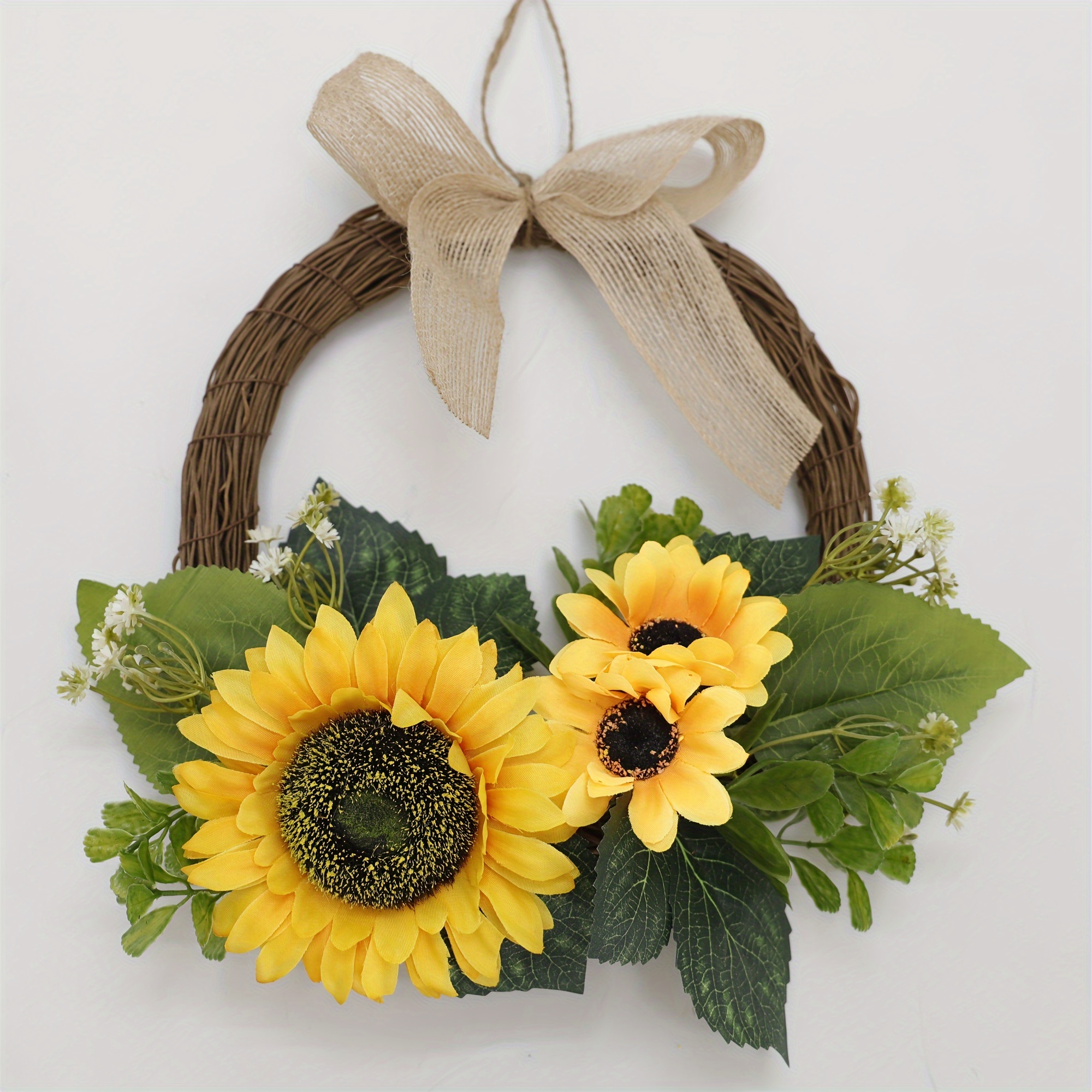Image of 1pc Artificial Sunflower Flower Wreath, 11.02 Inches, Suitable For Use On Doors, Walls, Fences, And As A Decorative Holiday Wreath For Cottages Indoors Or Outdoors. Easy To Clean.