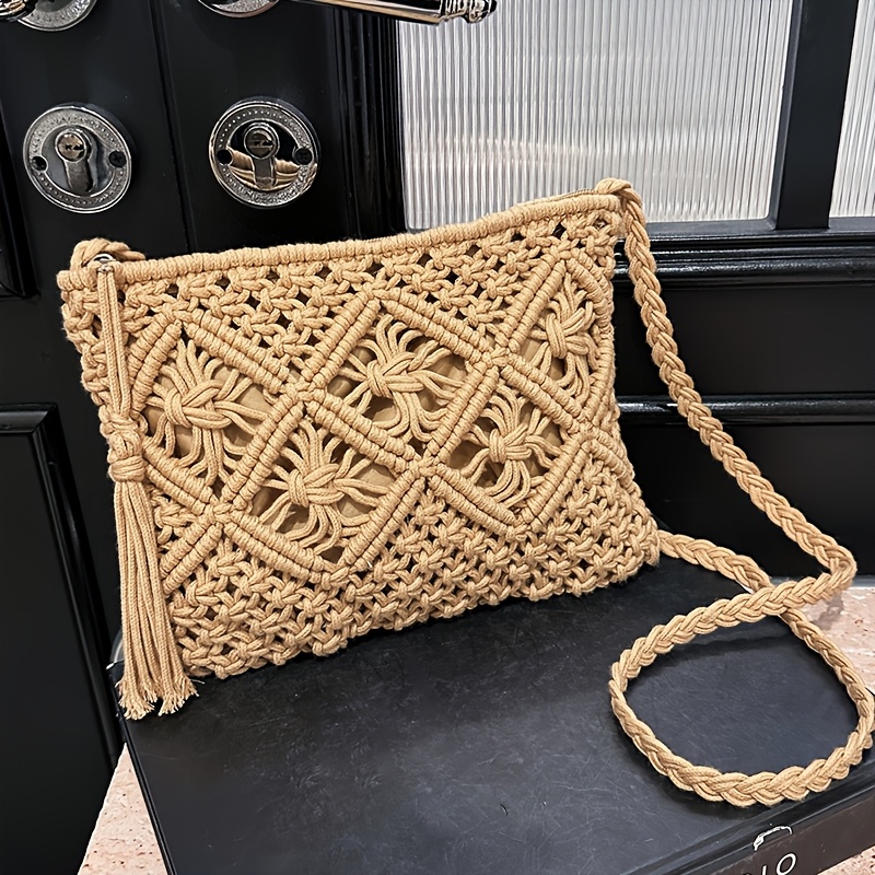 TEMU Women's Bohemian Hand-woven Crossbody Bag & Clutch - Tassel Shoulder Purse With Zipper Closure, Fringe Detailing, Hand-washable Fabric Suitable