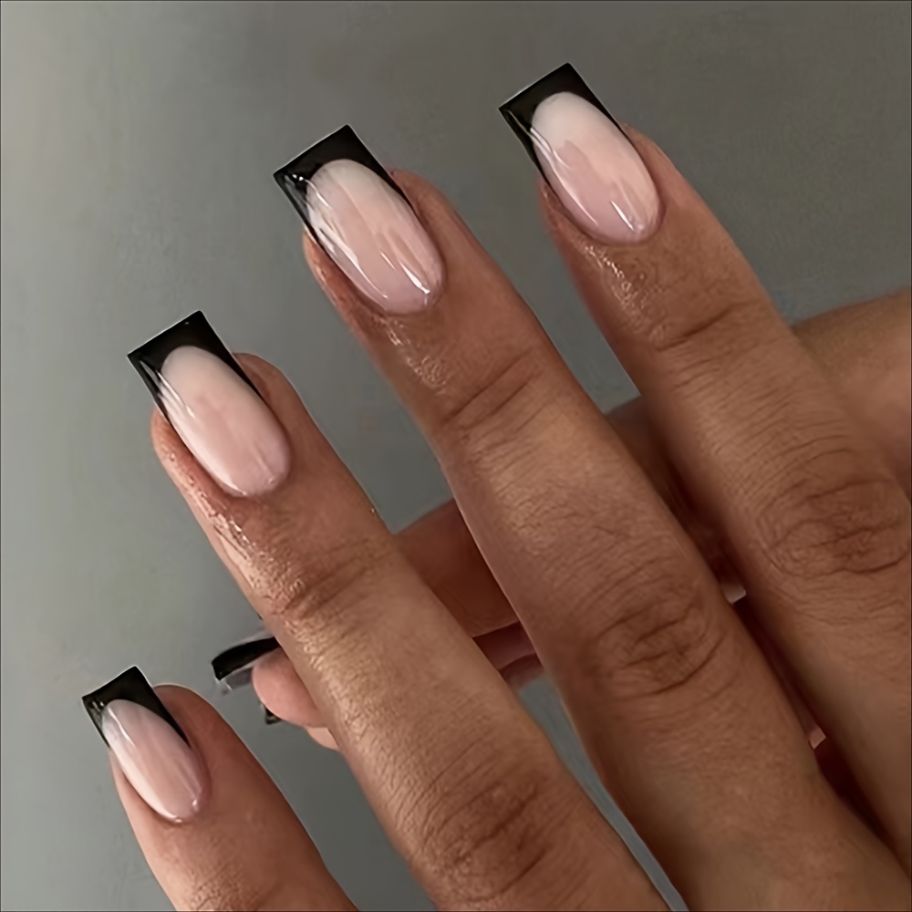 24pcs Medium-length Square Black Geometric Full-cover Press-on Nail Set With Jelly Glue And Nail File, Suitable For Women/ For Parties, Balls, And Daily Wear