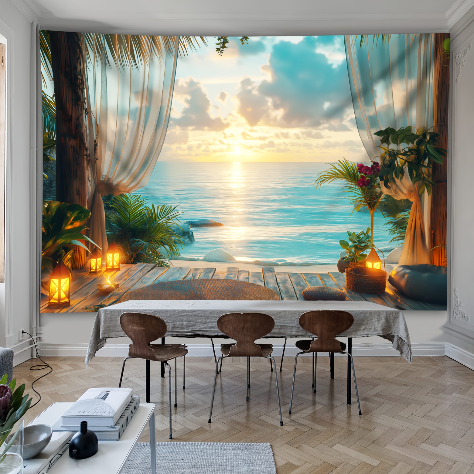 

Sunset Beach Curtains Tapestry For Living Room Dorm Decor - Large Woven Polyester Indoor Landscape Wall Hanging, Boho Peach Skin Fabric Background Cloth