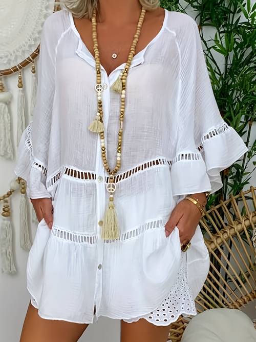summer womens linen shirt dress boho loose fit 3 4 sleeve lace up tunic top