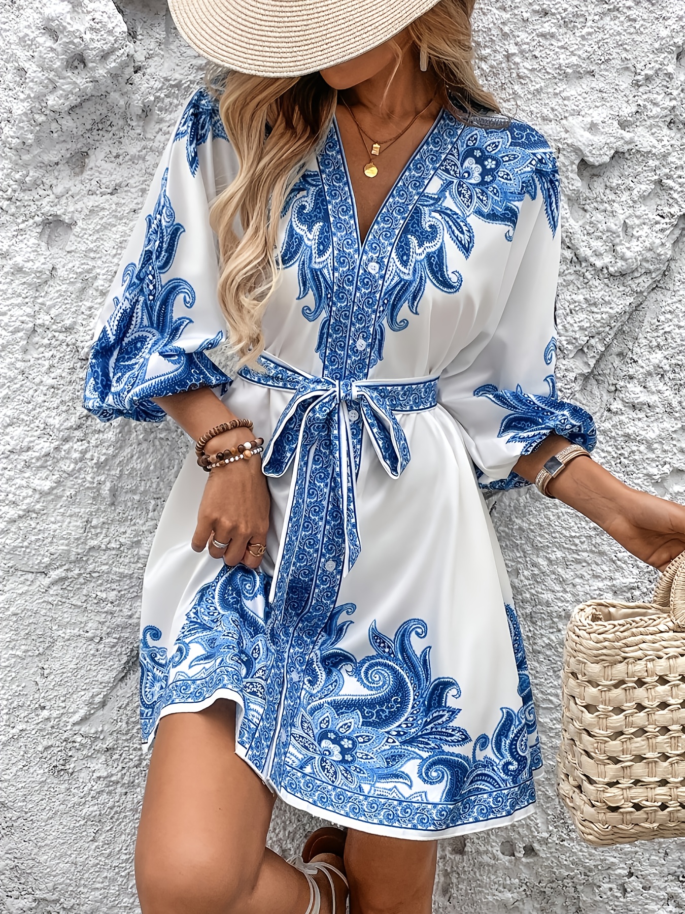 womens paisley print v neck a line dress with waist belt machine washable non stretch fabric   versatile style for casual formal occasions details 1