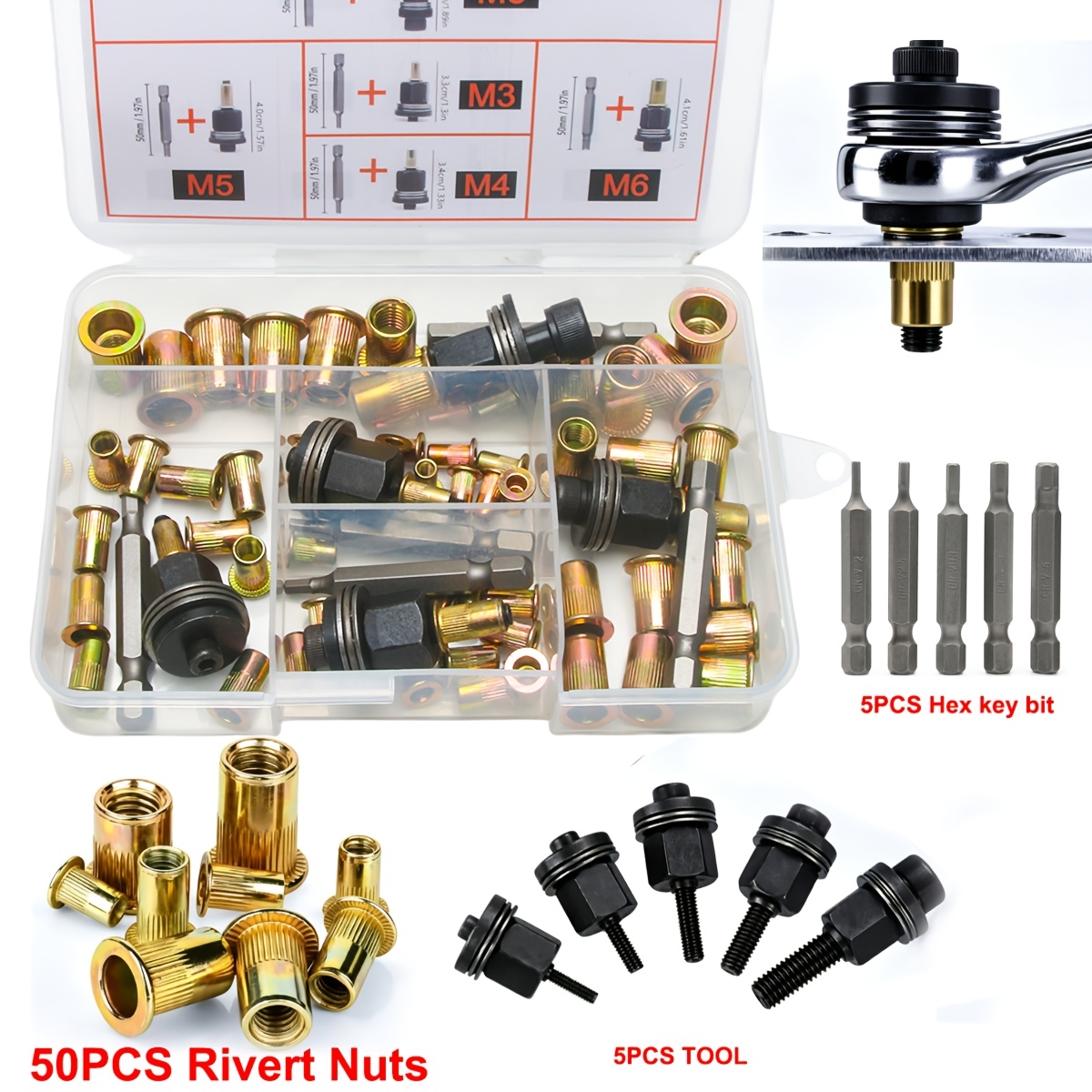 TEMU 50pcs Rivet Nut Kit With 5 Tools And 5 Electric Screwdriver Bits In A Box