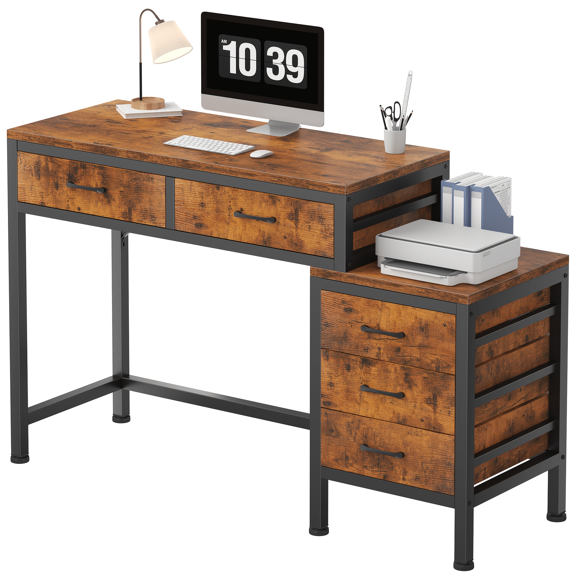 51in Retro Industrial Writing Desk with 5 Drawers & Printer Stand