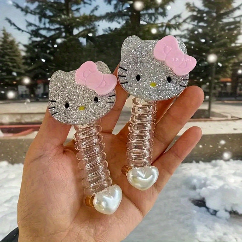 Image of 2pcs For Hello Kitty Spiral Hair Tie Cute Cartoon Beaded Mobile Phone Lanyard Hair Tie, With Bow And Heart Charm, High Elasticity Non-damaging Hair Additions, Ideal Valentine's Day Gift For Girlfriend