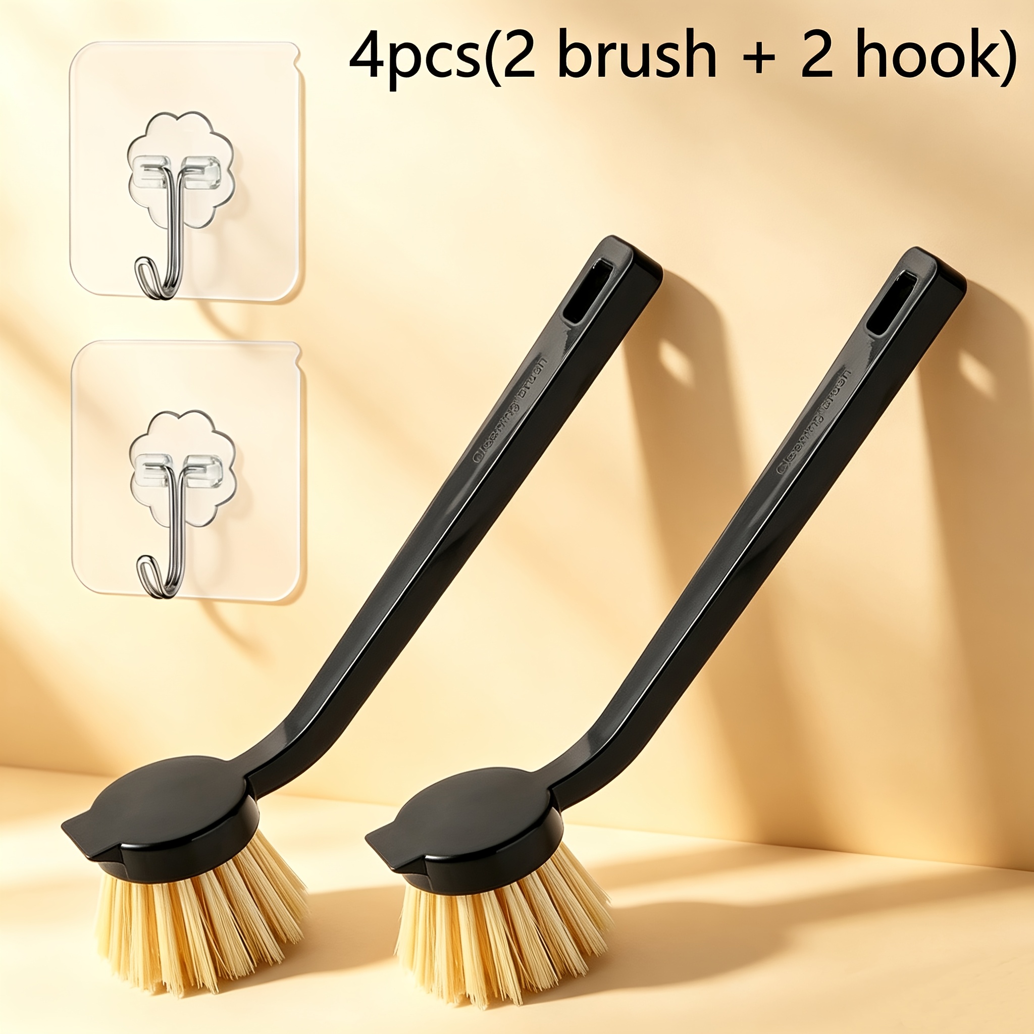 TEMU 2pcs Set (1 Brush + 1 Hook) Long-handle Pot Scrubber, Oil-resistant And Non-scratch, Kitchen-specific Cleaning Brush For Pots, Household Pot