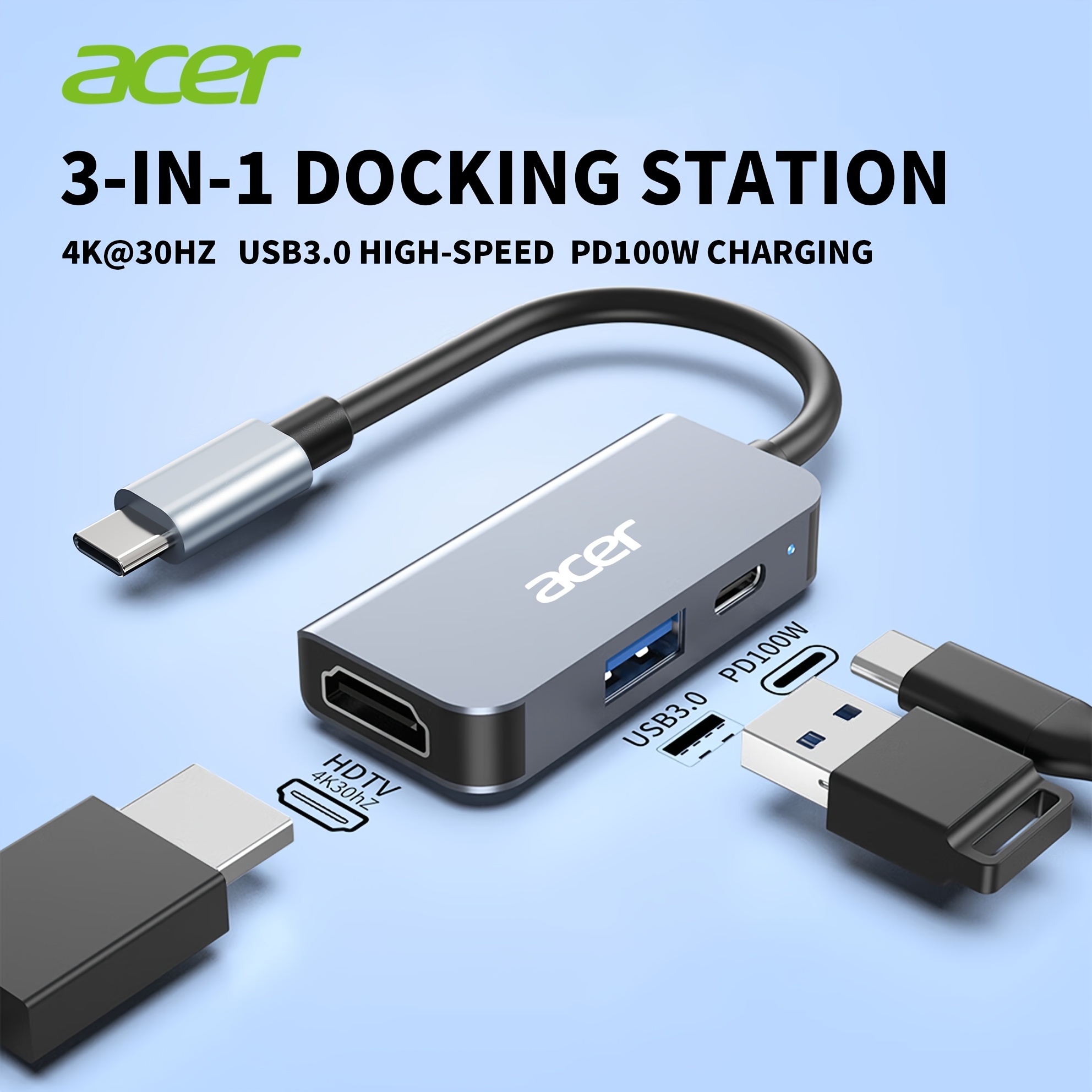 TEMU Station d'accueil USB-C 3-en-1 Acer, adaptateur HDTV 4K@ vers USB-C, port de données USB 3.0 5 , charge rapide PD 100W, convertisseur USB-C vers