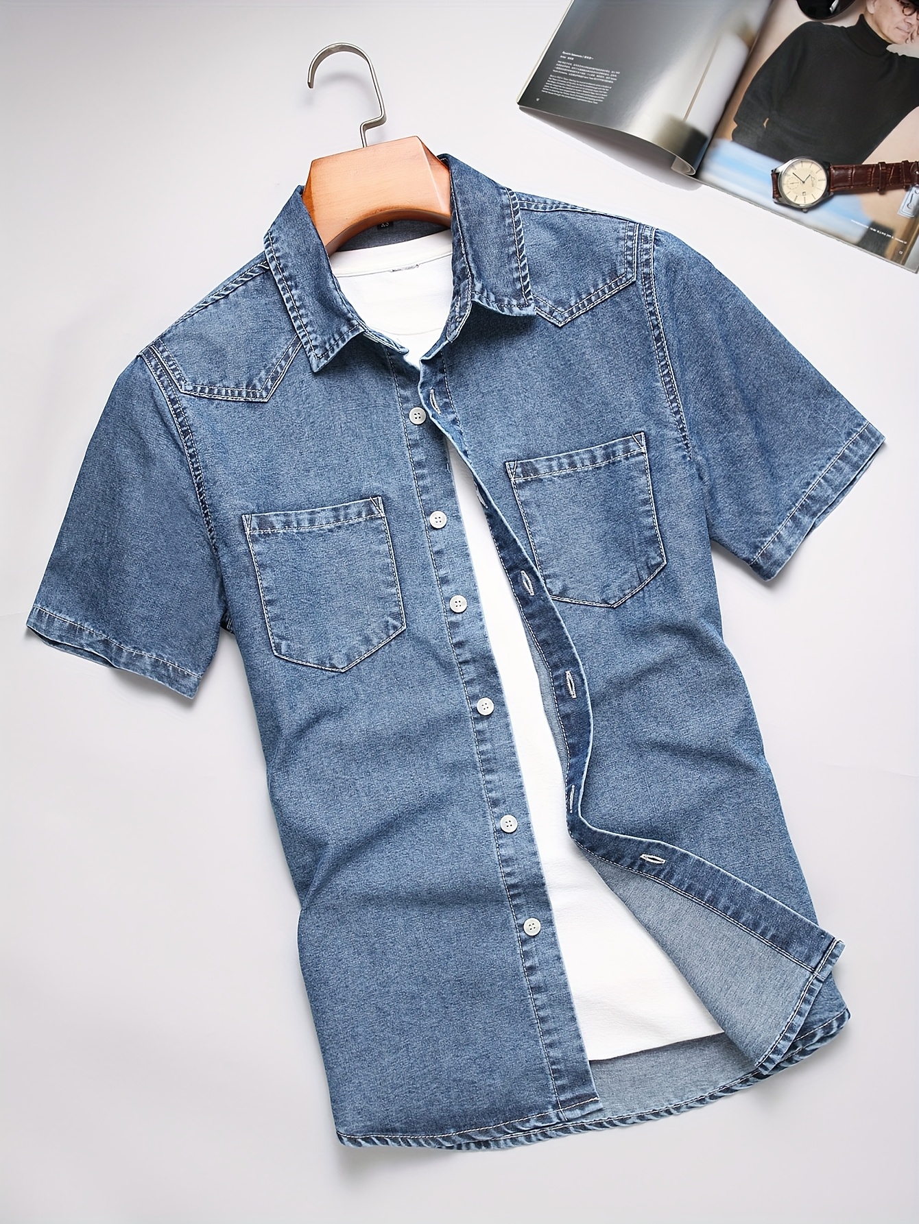 Men'S Fashion Summer Denim Short Sleeve Shirt (Washed Denim Medium Blue)