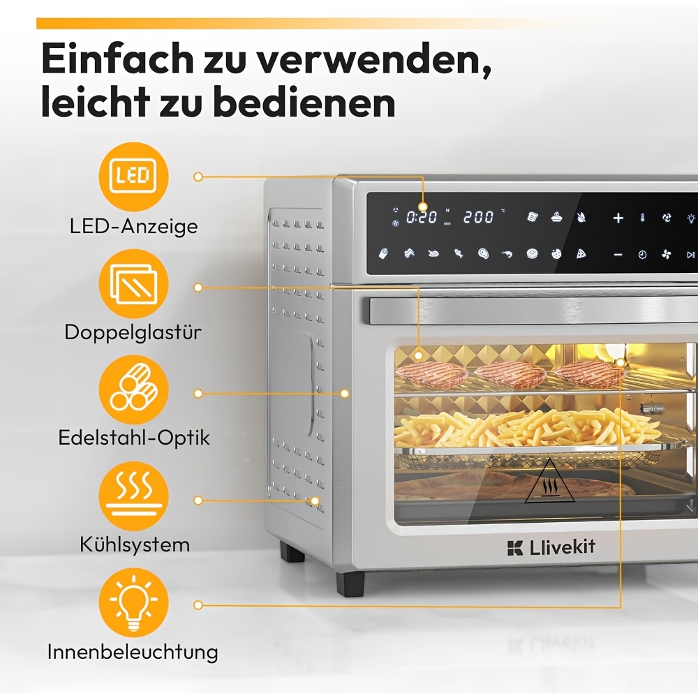 26L Hot Air Fryer XXL, Hot Air Oven With LED Touch Screen, 12-in-1 Stainless Steel Mini Oven With Convection, 7 Accessories, 1700 W Oil-Free Rotisserie Function Air Fryer Commercial Cooking Equipment Commercial Oven