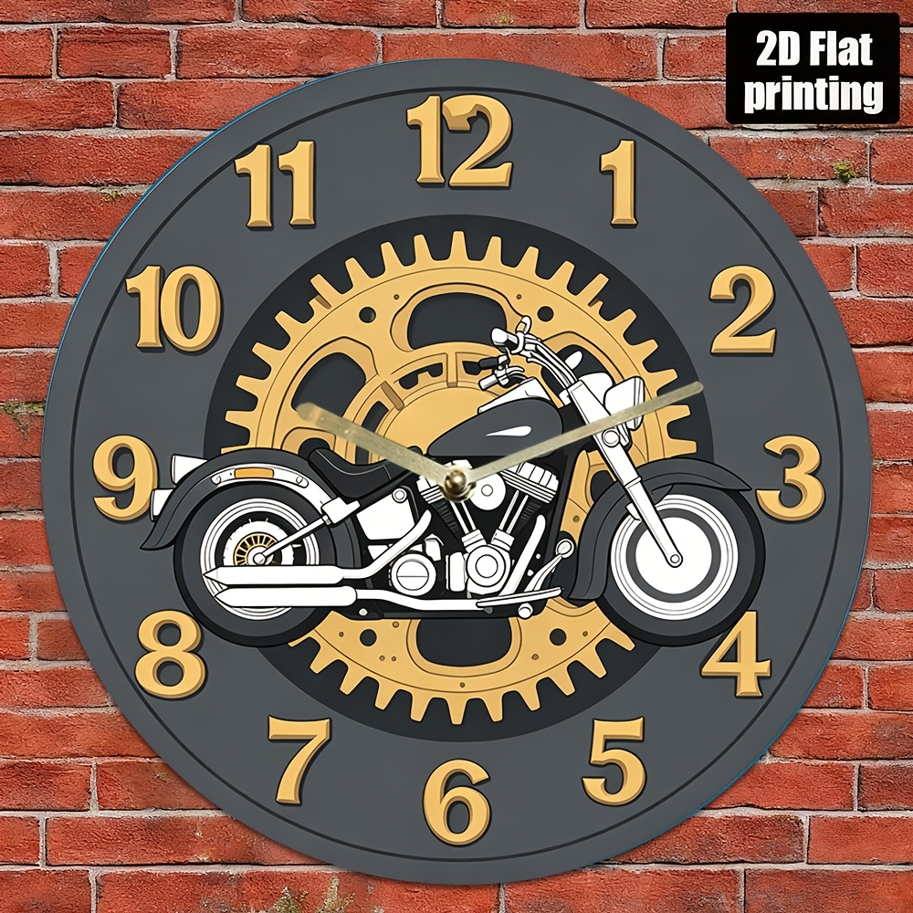 TEMU 1pc Motorcycle-themed Silent Acrylic Wall Clock With Gear Design – Vintage Black And Golden Accents, Silent Battery-powered Clock, Suitable For