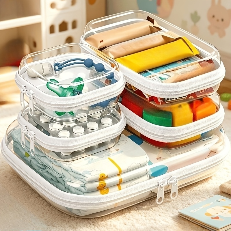 TEMU 5pcs Bag Organizer, Transparent Hard Shell Zipper Case For Storing Travel Essentials. High-quality Storage Box For Pacifiers, Snacks, Wipes, And