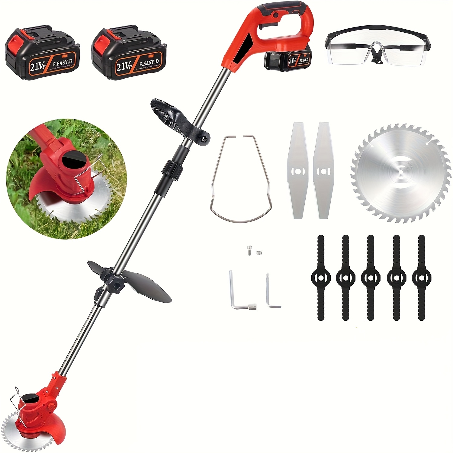 TEMU Débroussailleuse électrique fil 2025 Weed Wacker 2, coupe-bordures 21V, outil de pelouse avec 4 types de lames et poignée réglable, coupe-fil