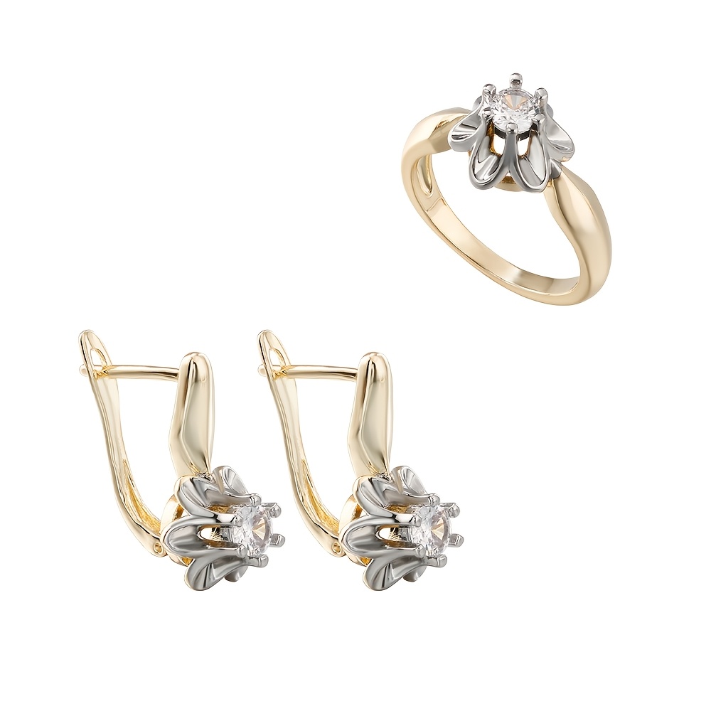 TEMU Set di orecchini e anello con zirconi sintetici eleganti a francese, gioielli di moda dorati placcati in rame gamma, regalo di compleanno, stile