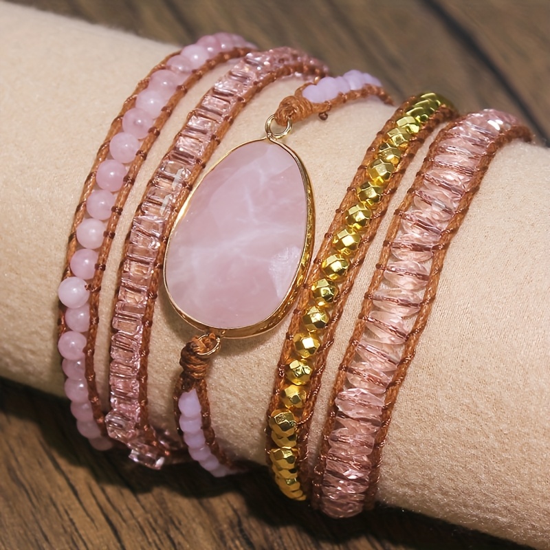 bohemian   rose quartz multi layer beaded bracelet stone material vacation gift occasion   wear casual jewelry multilayer design braided cord bohemian jewelry details 4