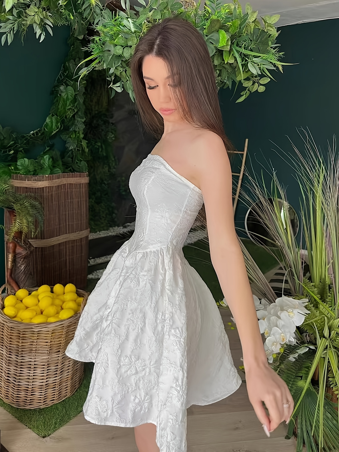 elegant white bandeau dress sleeveless ruffle detail flared - Temu Brazil