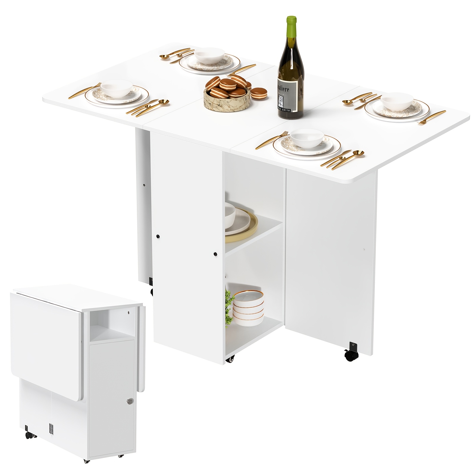 Folding Table, Small Folding Dining Table, Mobile Kitchen Table With 4 Wheels, Table With Shelf, For Small Spaces In Or Kitchen