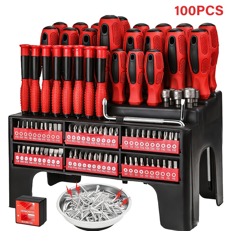 TEMU Nanwei 100/126/132pcs Magnetic Screwdriver Set With Plastic Storage Rack, Equipped With Hex, Phillips, Torx Bits, Non-slip Handle Precision