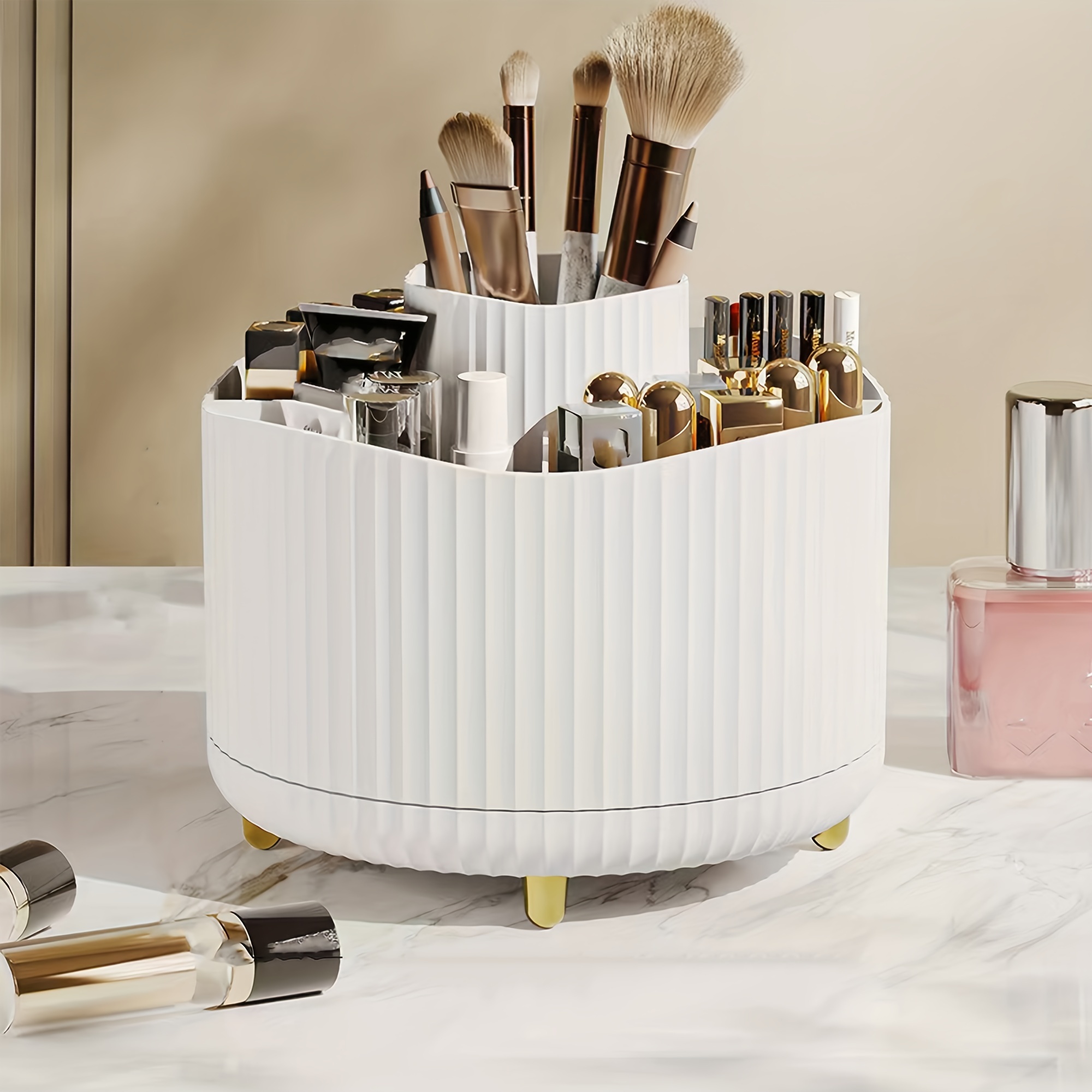 

360° Rotating Makeup Organizer - Large Capacity Brush Holder & Cosmetic Storage Box For Dressing Tables, Bathrooms - Durable Plastic, Contemporary Design