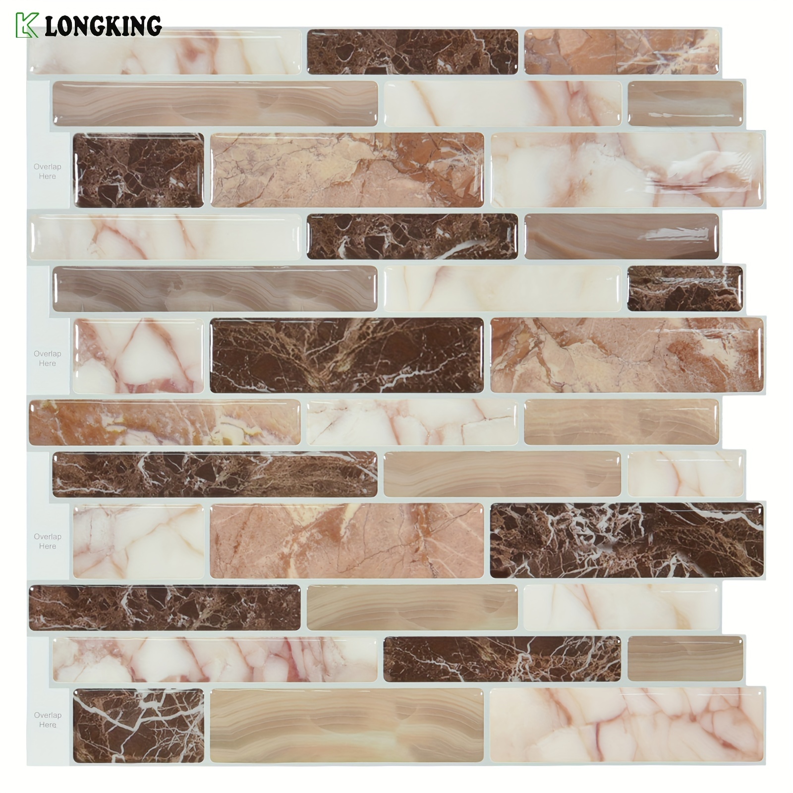 

Longking 10-piece 12 In. X 12 In. Peel And Stick Backsplash Tile Brown Marble Design, 10 Sq Ft/case