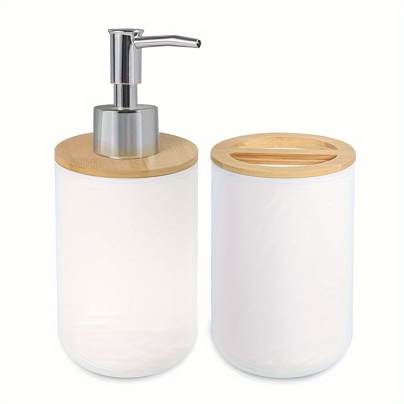 Bathroom Set Including A Soap Dispenser, Toothbrush Holder, And Soap Dish Combination