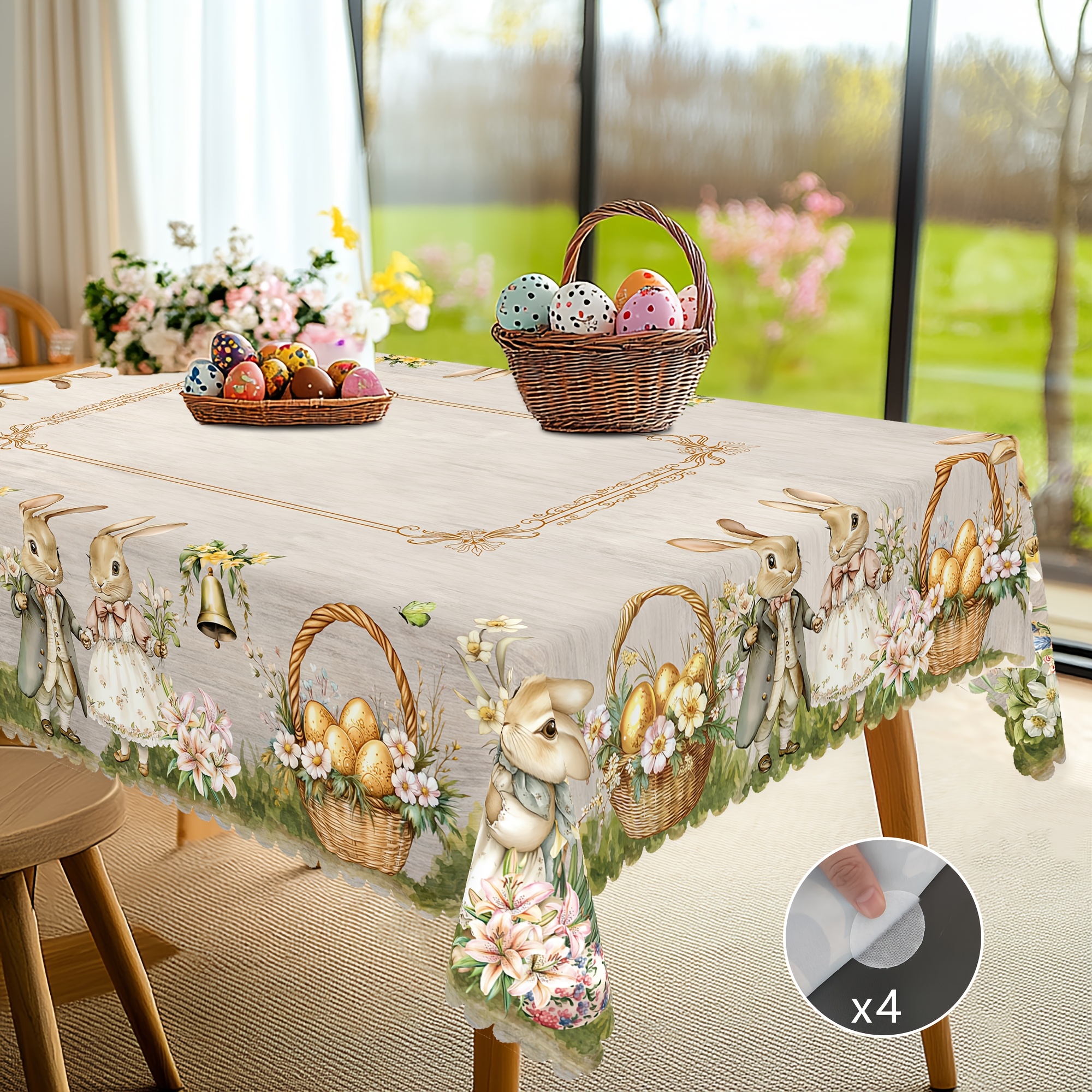 Image of A Vintage Easter Bunny Patterned Tablecloth With 4 Self-adhesive Pieces, Featuring Bunnies And In A , Perfect For Festive Parties, Outdoor Decorations, And Kitchen Additions