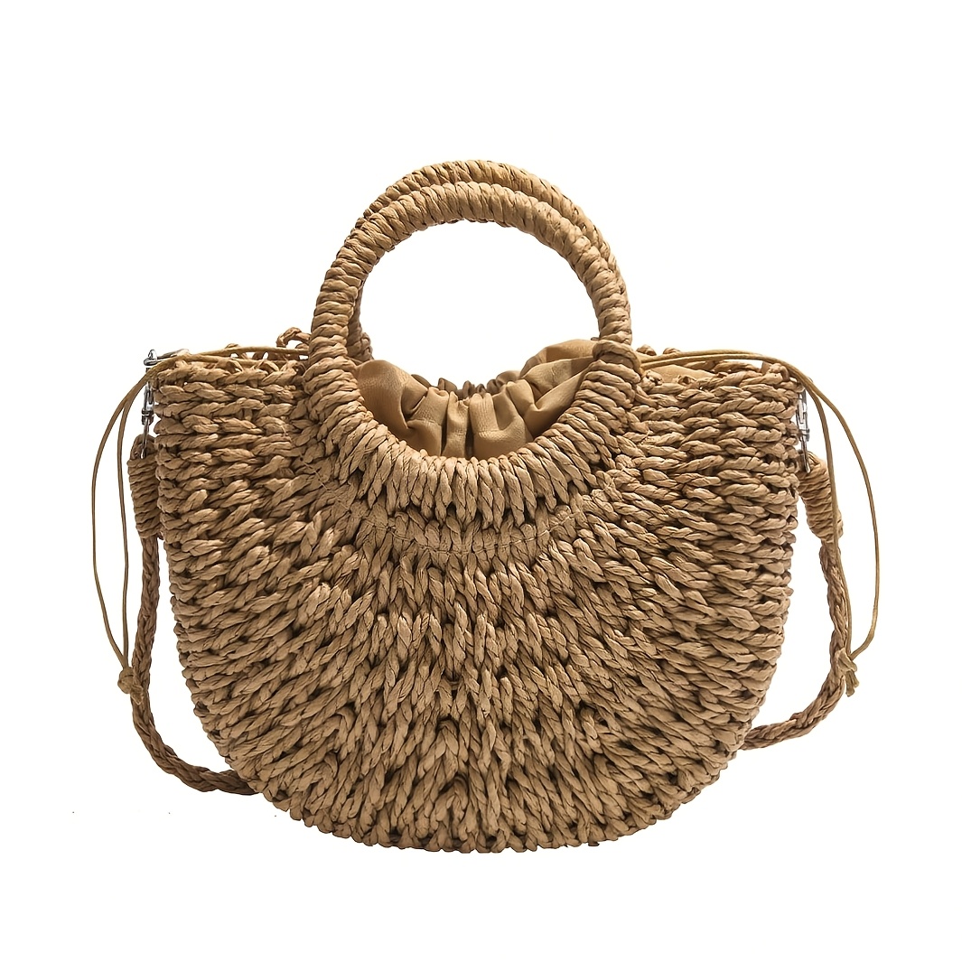 A Casual Vacation Bohemian-style Woven Handbag Featuring A Unique Round Ring Handle And A Versatile Design That , Over The Shoulder, Or Crossbody. Perfect For Daily , Shopping, Travel