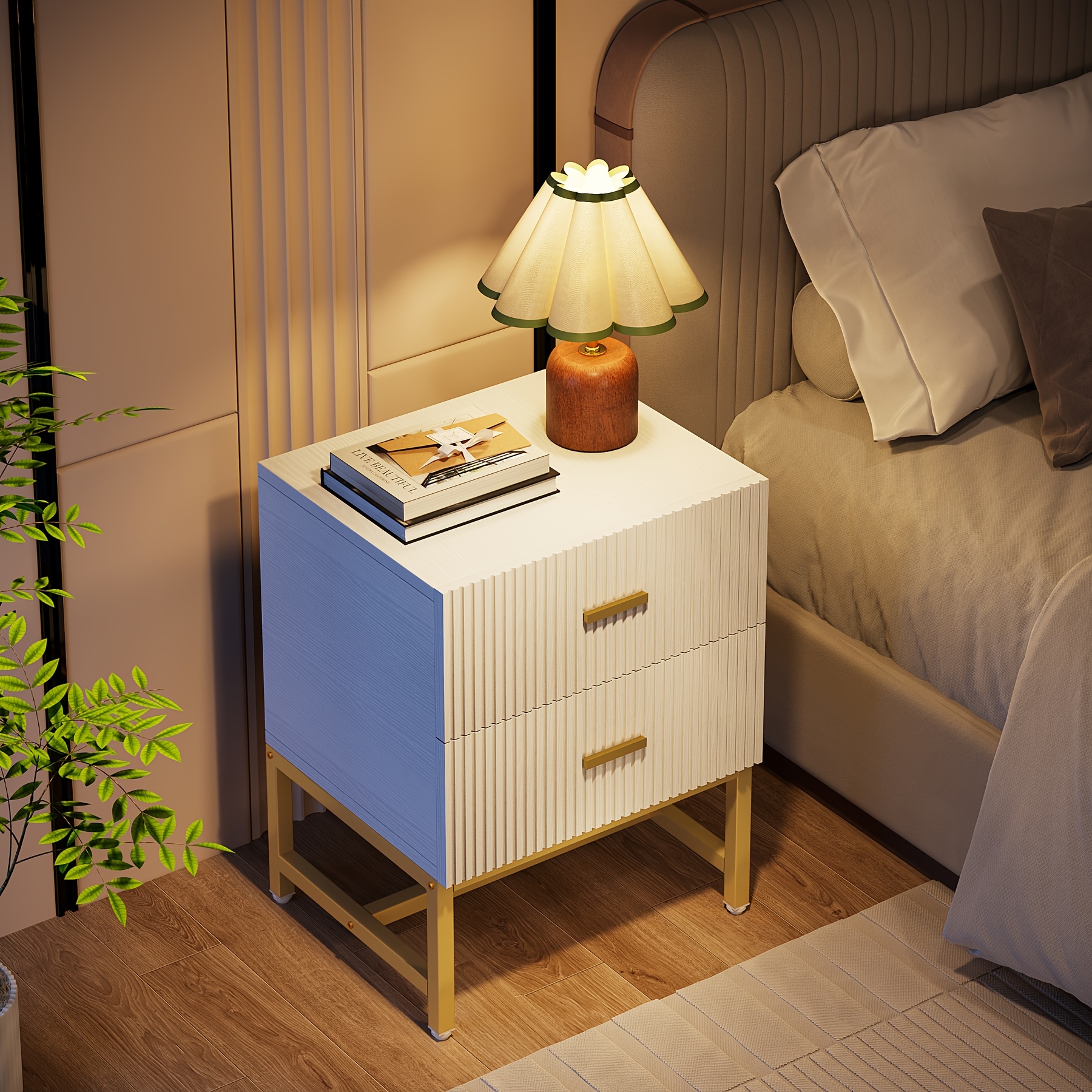 White Nightstands Set Of 2, Bedroom Night Stand Set Two Nightstand With Charging Station And LED Light Bedside Table With 2 Fabric Drawers Modern