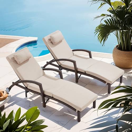 outdoor lounge chairs set of 2 hydraulic adjustable outdoor chaise lounge with armrests wheels for poolside backyard deck beige