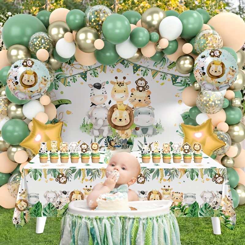 

88pcs, Jungle Baby Shower Decorations Background Tablecloth Set, Balloons Garland Arch Kit, Animal Backdrop Tablecloth Wild 1 Birthday Supplies