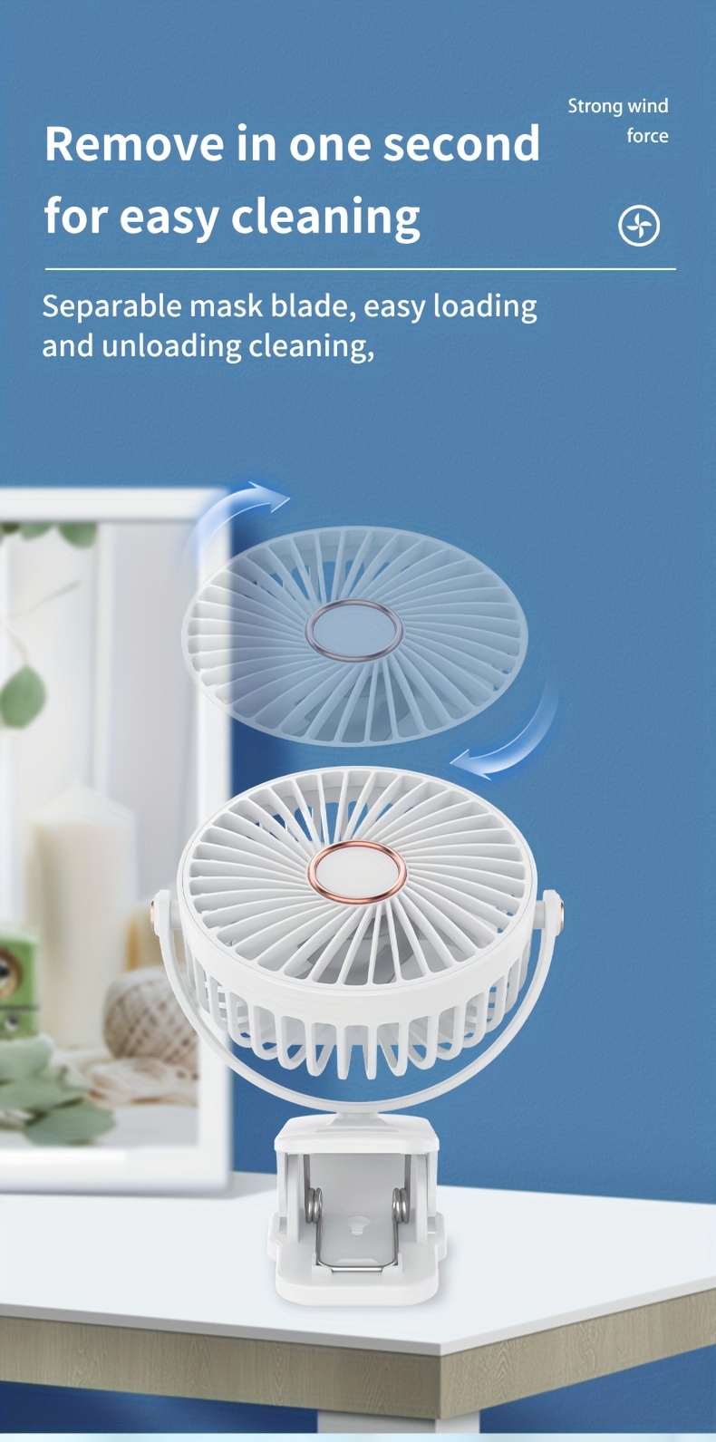   portable clip fan with 360 rotation high velocity personal table fan with rechargeable 800mah lithium battery usb charging   for dorm bedroom   circulation details 12