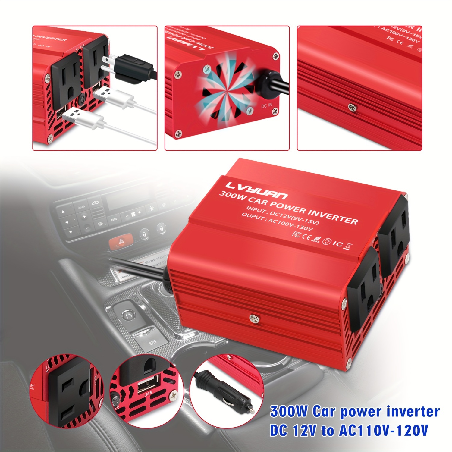 

300w Car Power Inverter 12v To 110v Ac Adapter With 3.1a Dual Usb Car Adapter For Plug Outlet Red