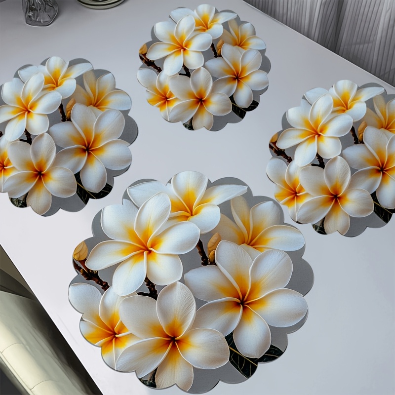 TEMU 4pcs Round Plumeria Flower Table Mats - Non-slip Lace Suitable For Spring Summer Parties, Machine Washable Round Placemats With Plumeria Print,