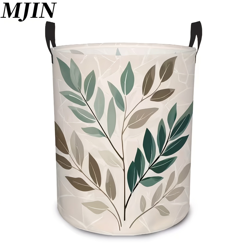 TEMU 1 panier de rangement pliable pour chambre | Motif feuille de forêt verte, panier à linge rond, convient aux vêtements et articles divers,