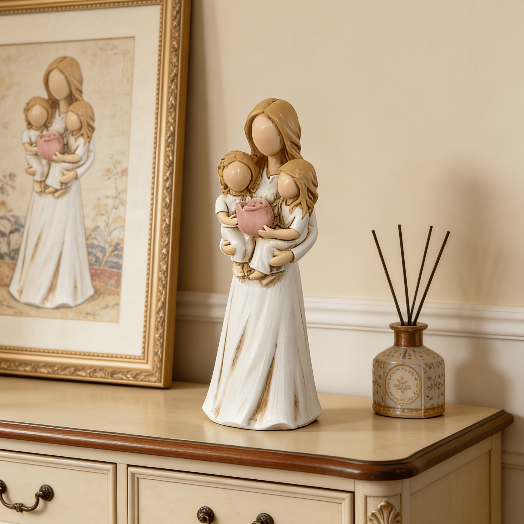 TEMU 1pc Mom Holding 2 Kids Resin Figurine Statue - Realistic Mother & Ornament, Warm Family Decor Suitable For Living Room, Bookshelf, Sideboard