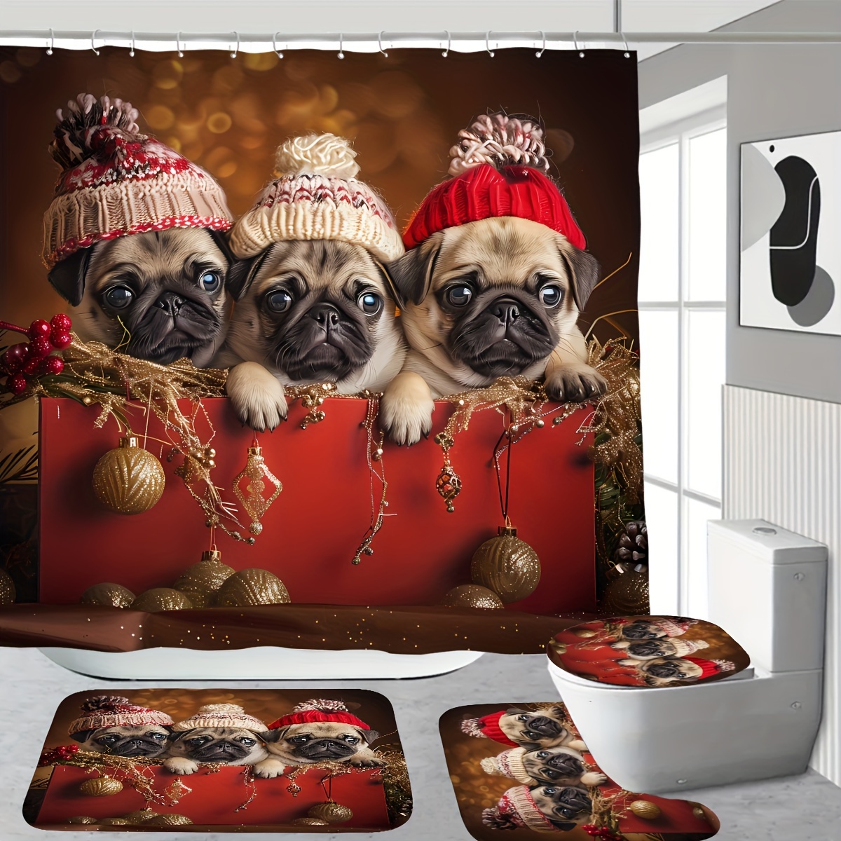 

Festive Pug Pals Christmas Shower Curtain Set: Includes Curtain, Toilet Seat Cover, And Bath Mats With Adorable Pugs In Hats And Cozy Winter Scenes