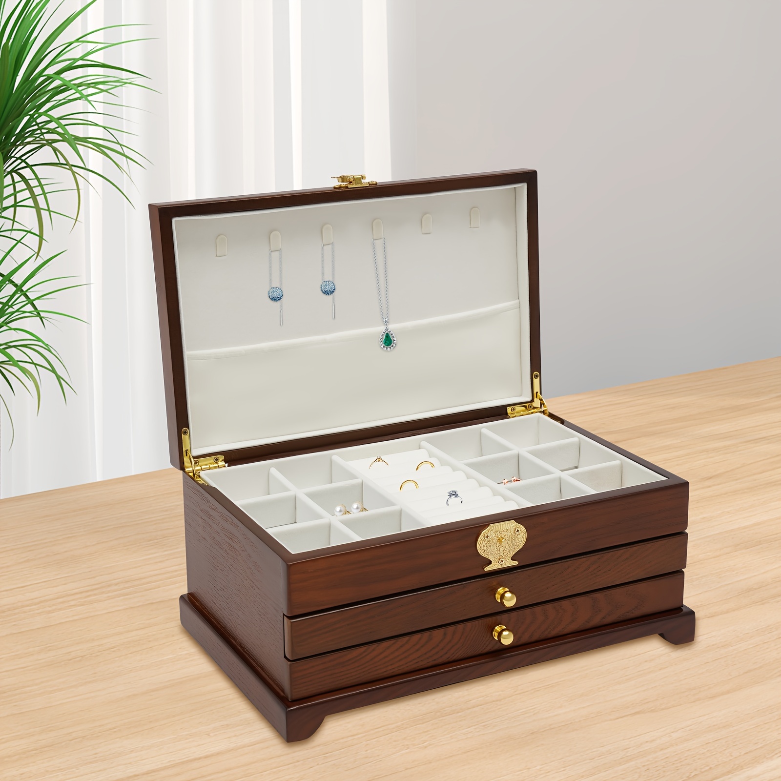 Image of Wooden Jewelry Box Drawer, 3 Layers Large Jewelry Box Organizer For Women For Ring Necklace Earring Bracelet Organizer Storage Display Box Brown
