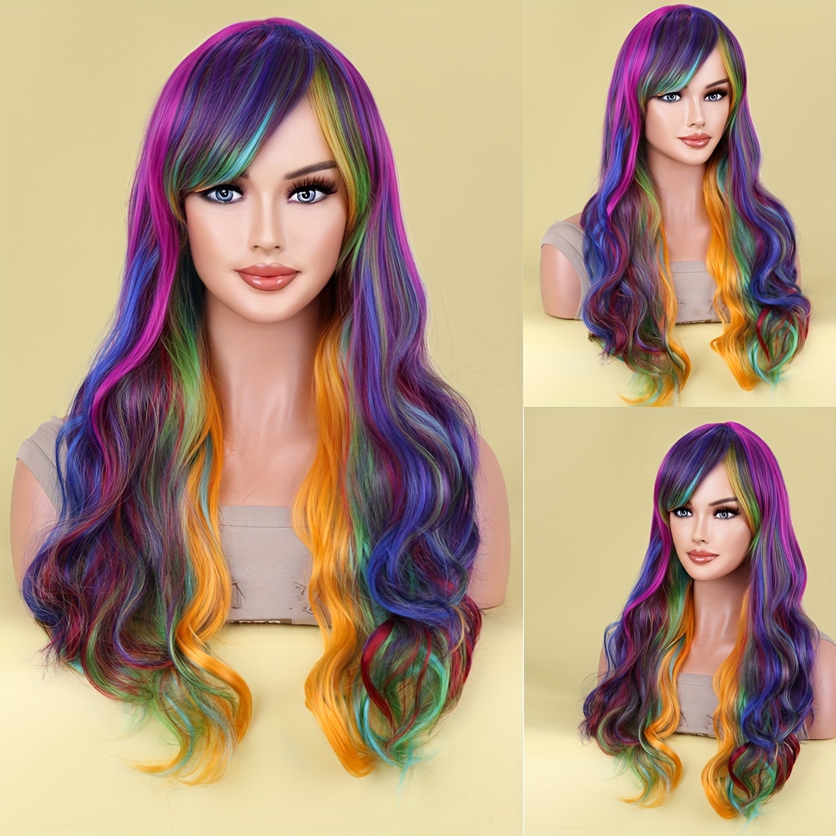 

Colorful Mixed Wig With Diagonal Bangs Natural Medium Long Wave Wig For Women Heat-resistant Fiber Synthetic Wig For Daily Cosplay