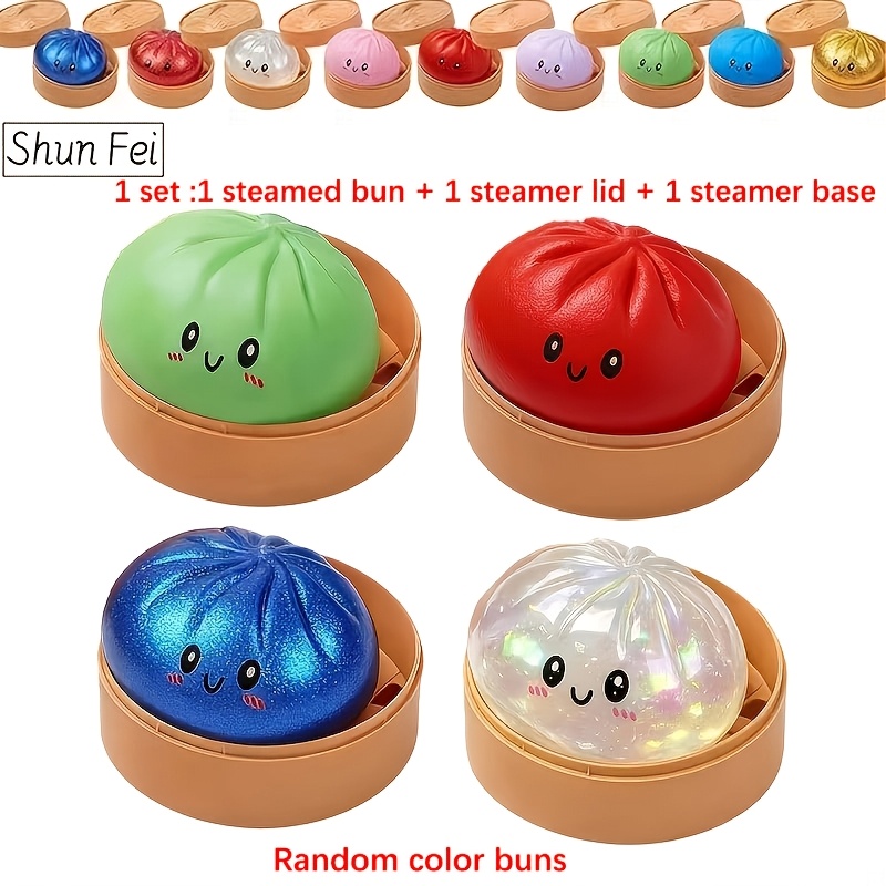 shunfei party gift set 1 set 3pcs per set 1pc baozi and 1pc steamer lid and 1pc steamer base random color cute stress relief soft baozi stress ball sensory toy stress     toy soft stress relief toy