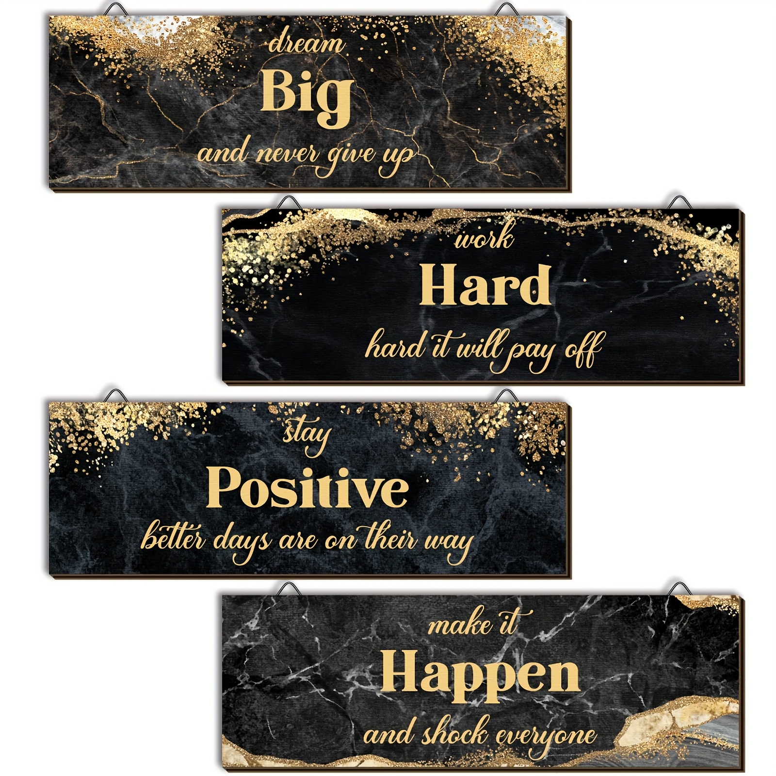 TEMU 4pcs Inspirational Office Wall Art Decor, Motivational Abstract Marble Style Black Golden Wooden Plaques With Positive Quotes, Suitable For Room