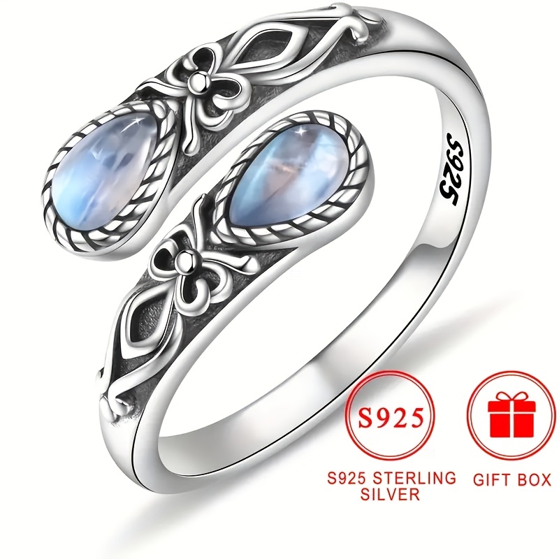 TEMU Vintage Bohemian Style S925 Silver Spoon Ring, Synthetic Stone, Adjustable Finger Design, Low Allergy Nickel-free,, Women's Fashion Jewelry,