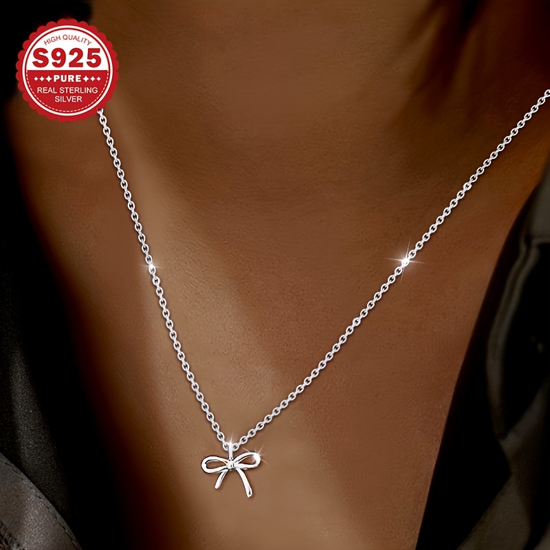 

1pc S925 Sterling Silver Bowknot Pendant Necklace, 2.1g Hypoallergenic, Silver Plated, Cute , & Valentine's Day Gift, All Compatible