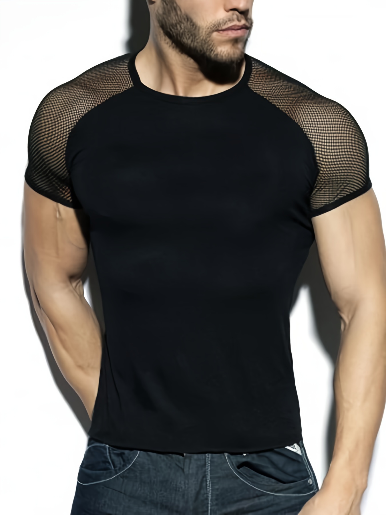 Men's Fishnet Long Sleeve Hollow Slim Fit Tops Party Sexy - Temu