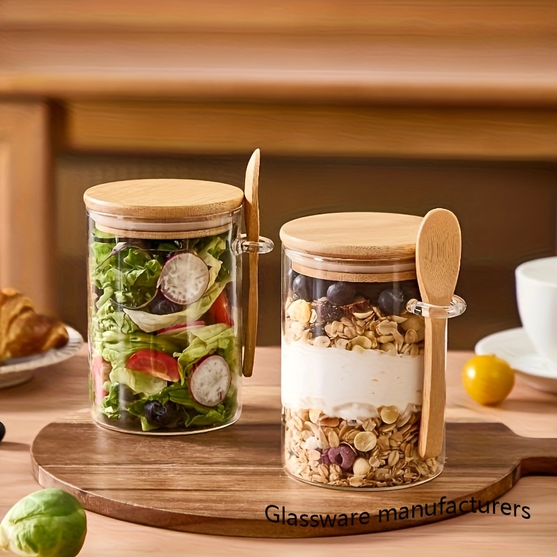 E-shop 2 Stück/4 Stück/6 Stück Haferflockenbecher, Glasbecher, Frühstücksbecher, Hochwertiges Borosilikatglas mit Bambusdeckel Löffel, Transparentes