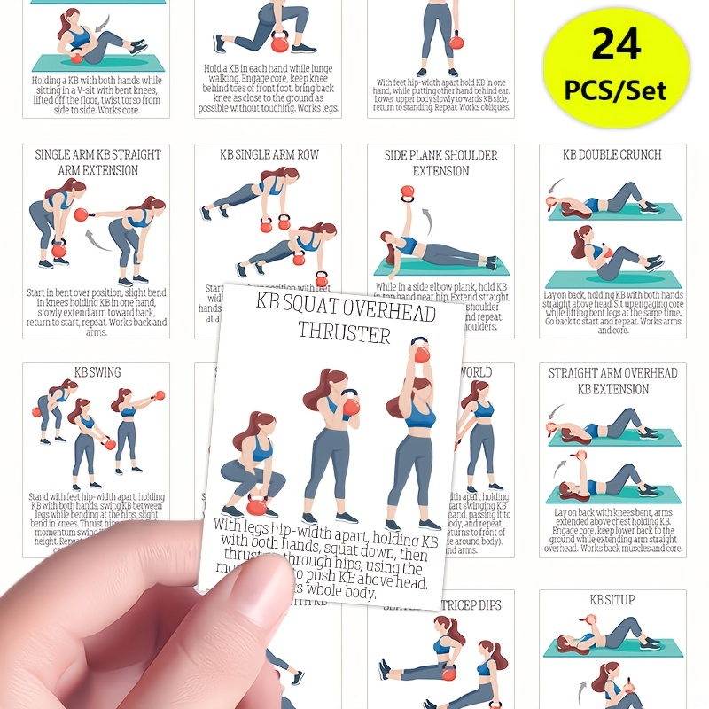 TEMU 24pcs Kettlebell Workout Cards, Strength Training Flashcards Deck, Home Fitness Exercise Guide For Muscle Building And Fat Loss, Professional