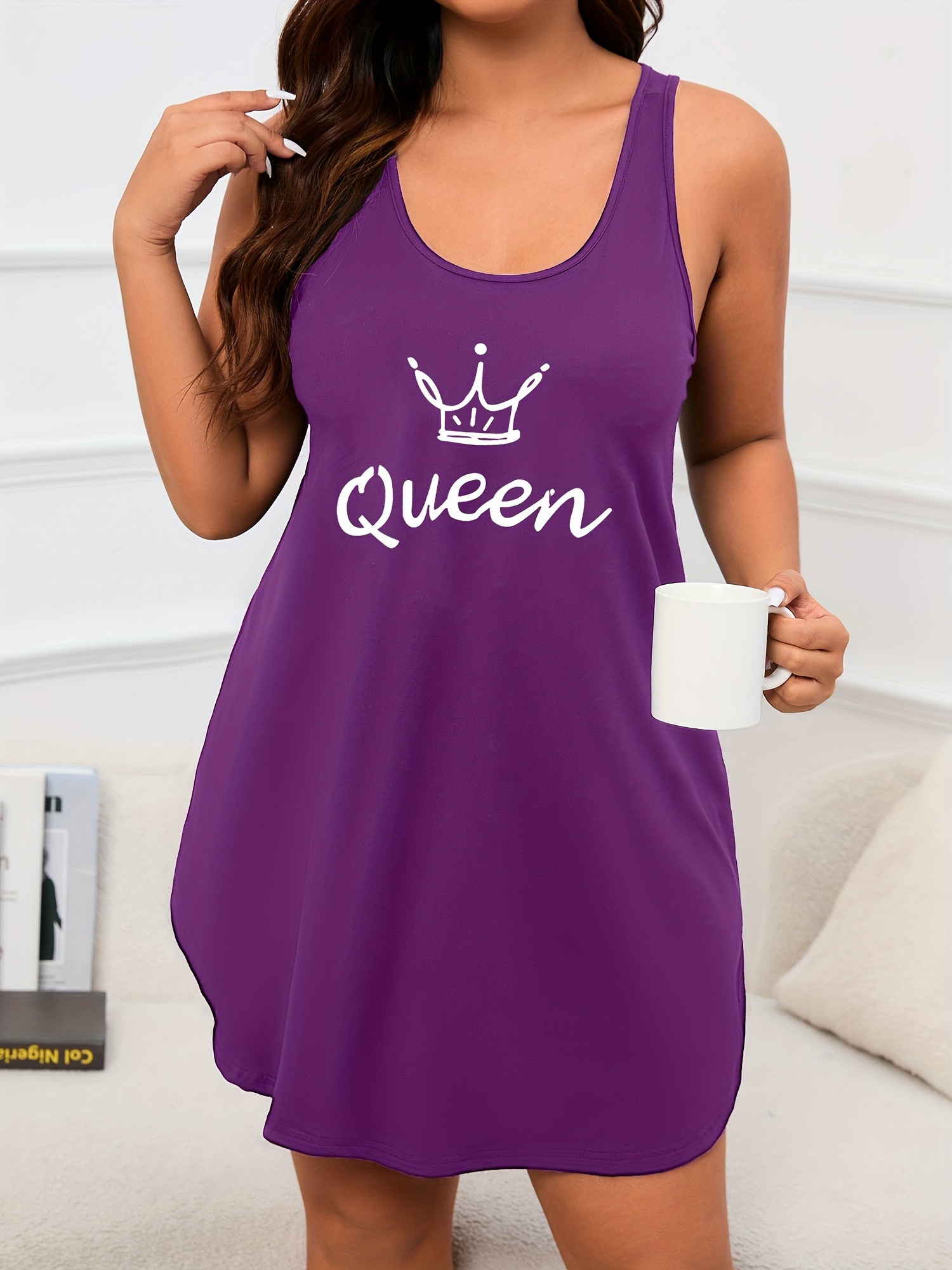 Plus Size Women's Sleeveless Tank Nightgown - Black Queen Letter & Crown Graphic Print, All-Season Machine Washable Casual Sleepwear for Lounge & Relaxation, Playful Print, Soft Material, Comfortable Fit, Home Relaxation, Breathable Fabric, Adult Sleepwear
