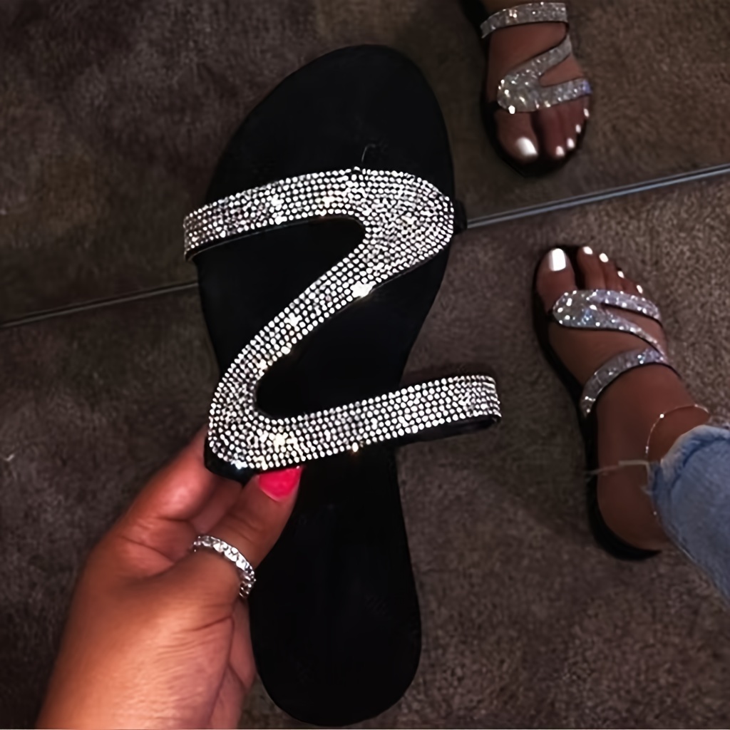 womens rhinestone decor slide sandals casual loop toe summer shoes lightweight slide sandals details 1