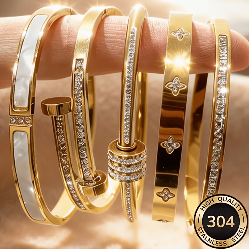 TEMU Set Of 2pcs Random Elegant 18k Gold Plated Stainless Steel Women's Bracelets, Stackable Bracelets, Cubic Synthetic Synthetic Zirconia