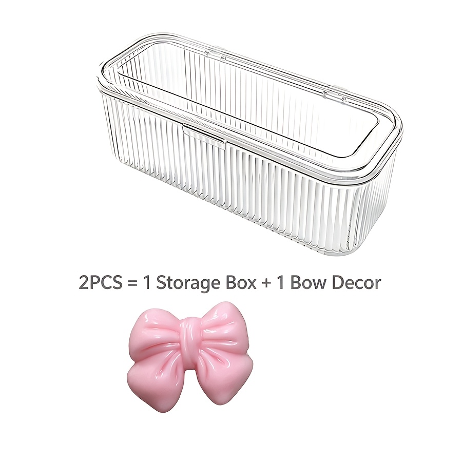 TEMU 2pcs avec (Boîte de Rangement Cosmétique à à Rayures Transparentes et Décoration de Nœud), Boîte de Rangement pour Pinceaux de Cosmétique, Boîte